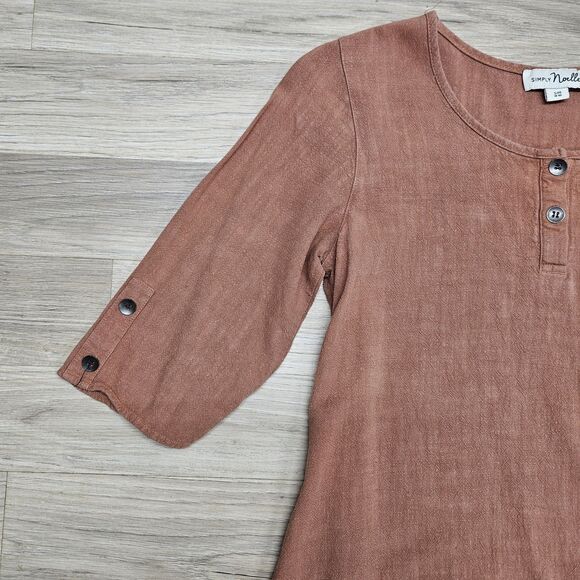 Simply Noelle Womens Blouse Terracotta Brown Medium High Low Layers Butttons 3/4 - Picture 2 of 10